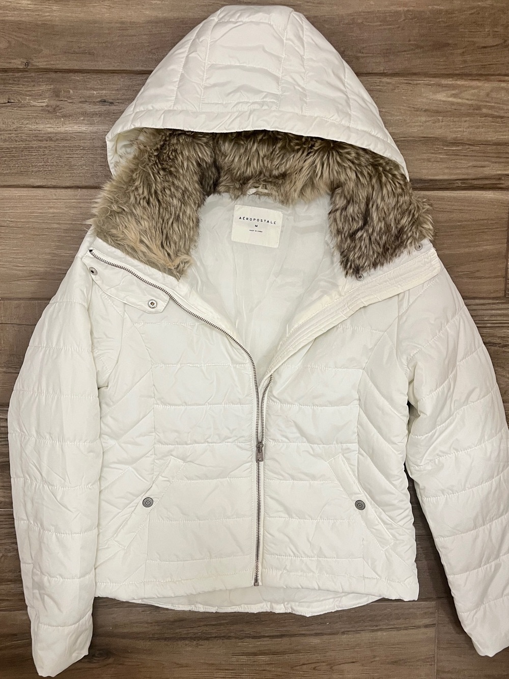 Aeropostale White Quilted Hooded Puffer with Faux-Fur Trim